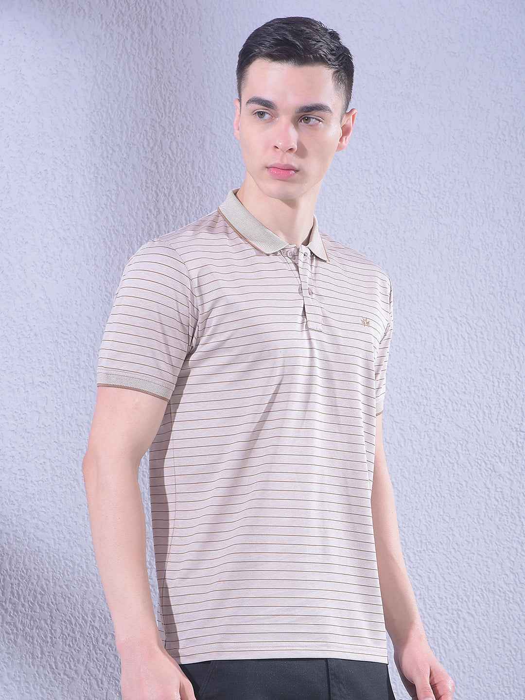 Beige Horizontal Stripes Polo Neck T-Shirt