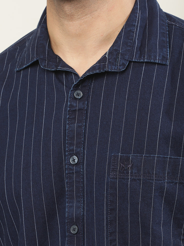 Navy Blue Vertical Striped 100% Cotton Shirt
