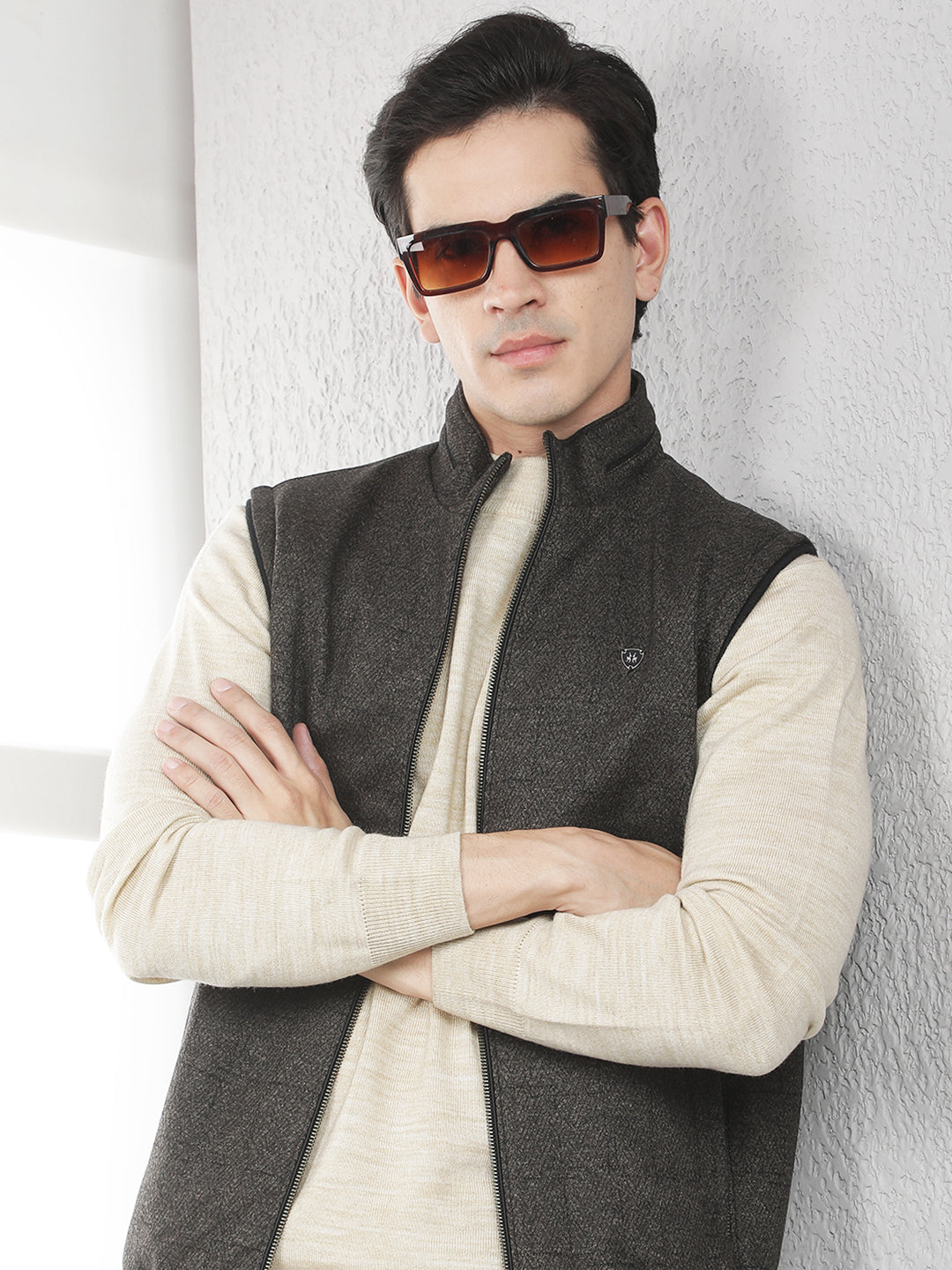 Brown Jacquard Sleeveless Jacket