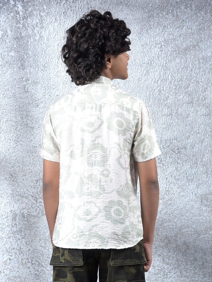 Green Floral Print Resort-Collar Shirt