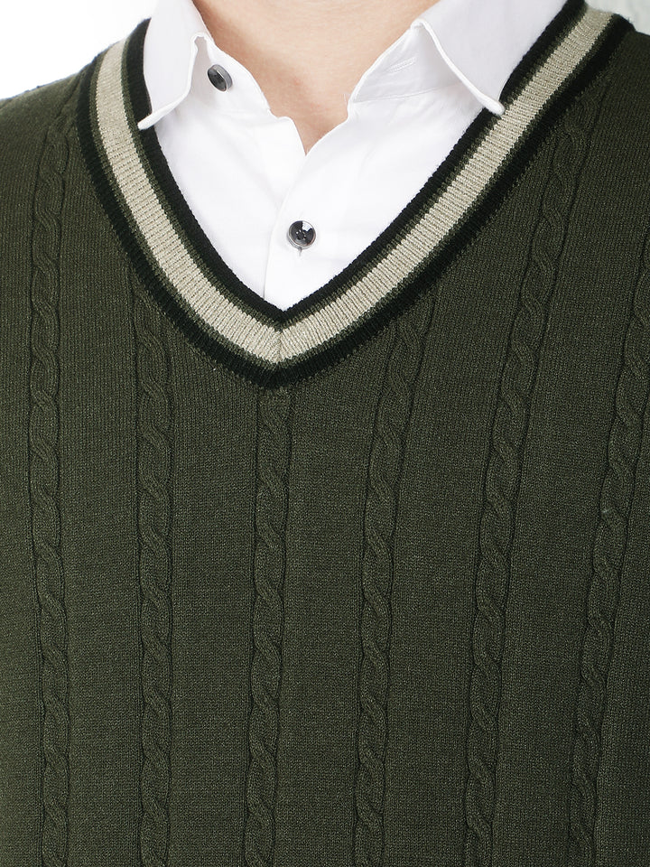 Olive Jacquard V-Neck Sleeveless Sweater