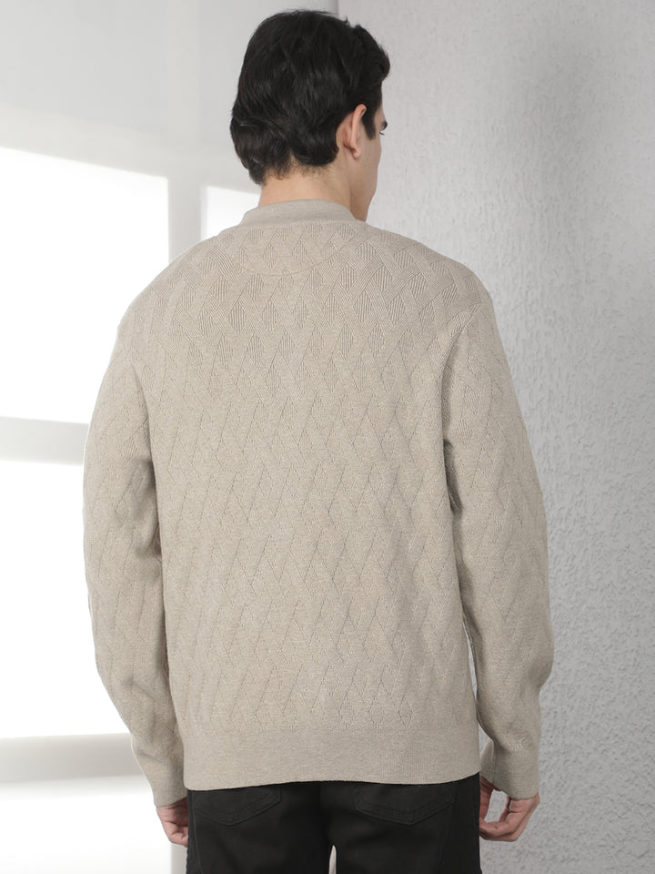 Beige Jacquard High Neck Sweater