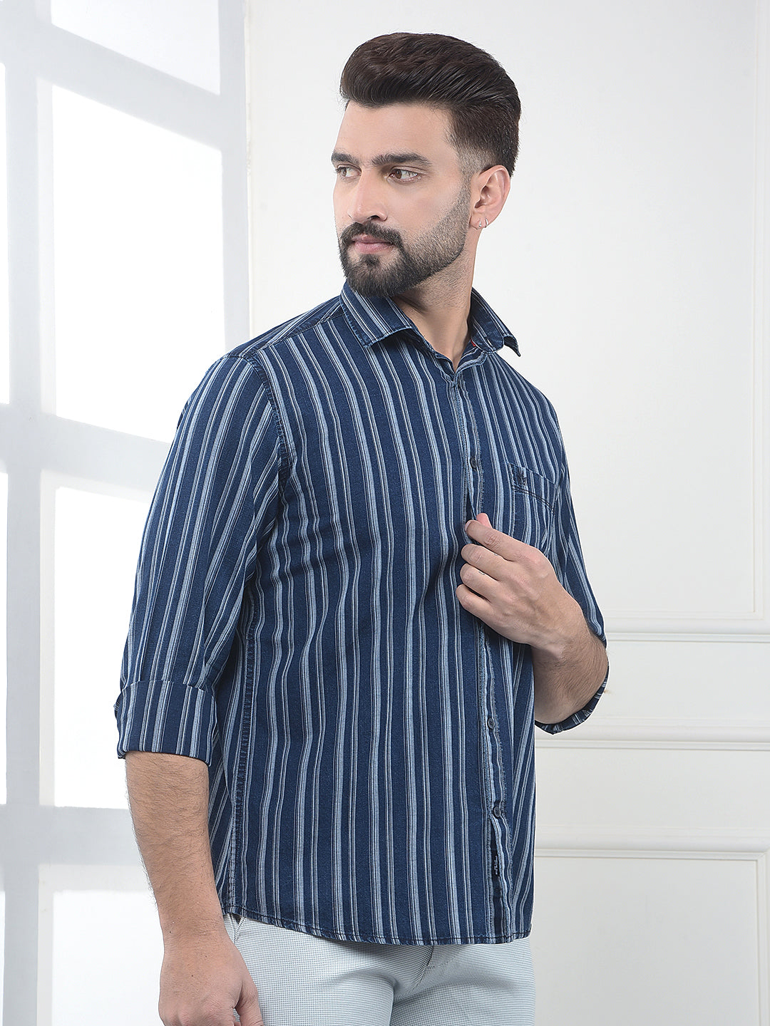 Navy Blue Vertical Striped 100% Cotton Shirt