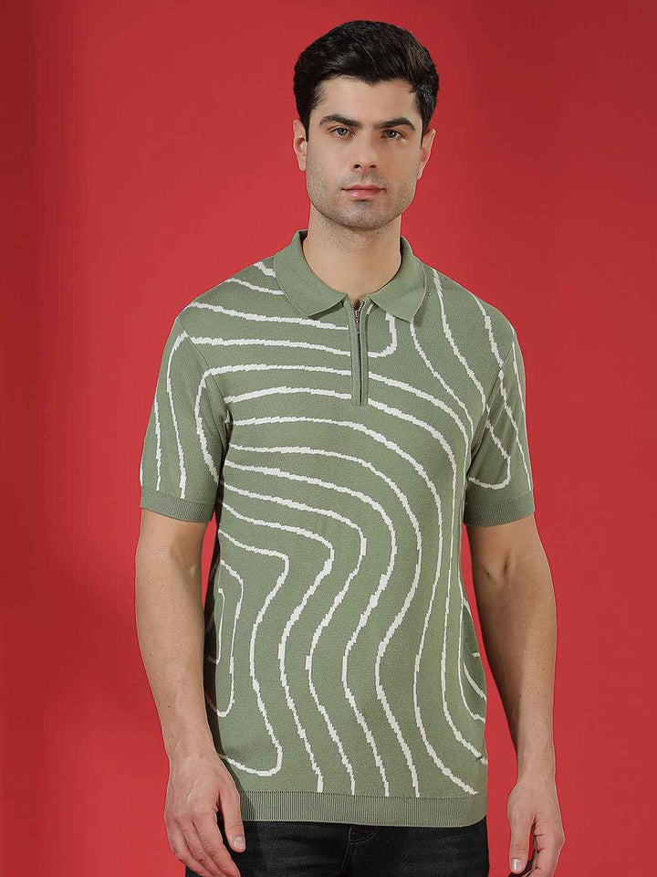 Green 100% Cotton Jacquard Texture Polo T-Shirt