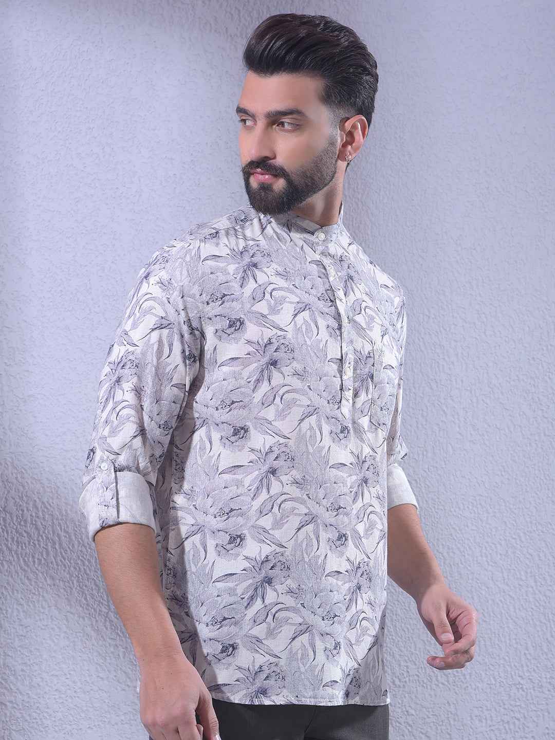 Purple Floral Print Linen Kurta