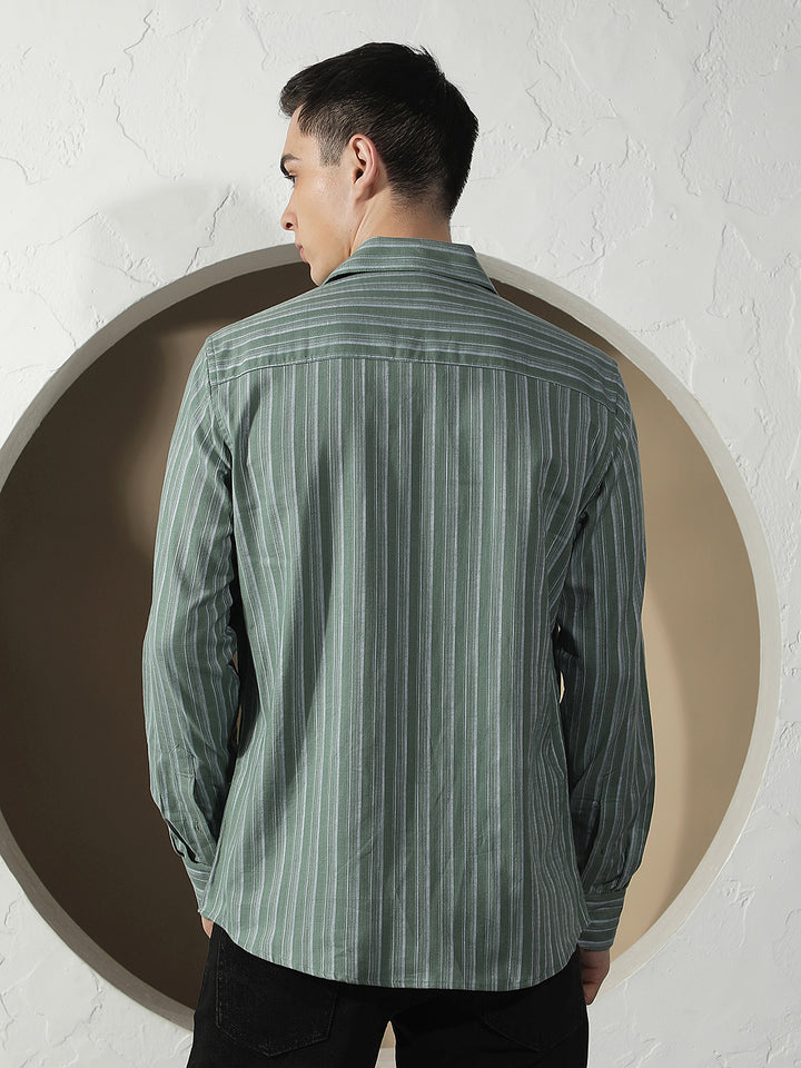 Green Vertical Stripes 100% Cotton Shirt