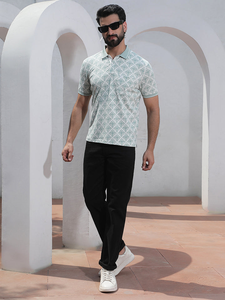 Green Printed Polo Neck T-Shirt