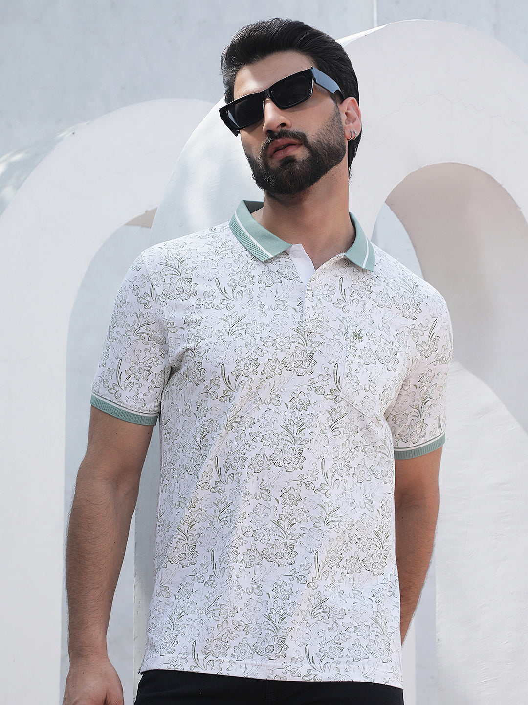 Green Floral Print Polo Neck T-Shirt