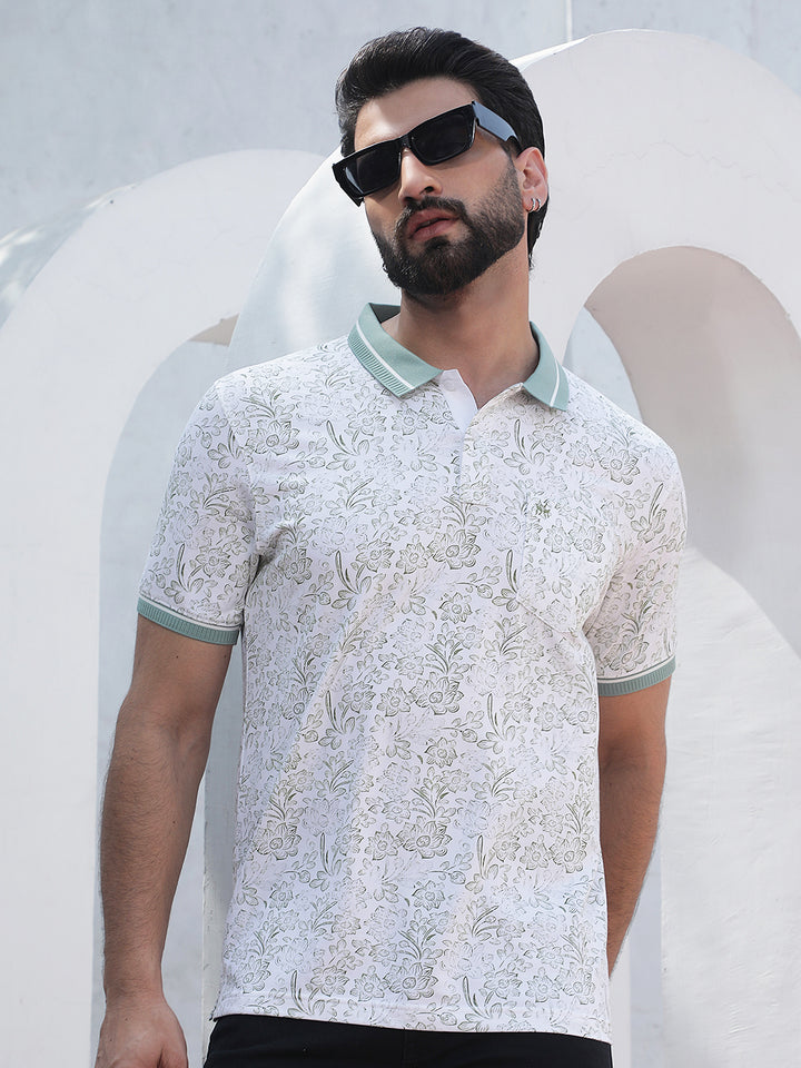 Green Floral Print Polo Neck T-Shirt