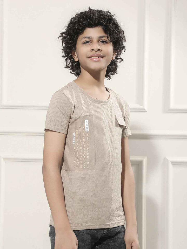 Beige Typographic Print Panelled T-Shirt