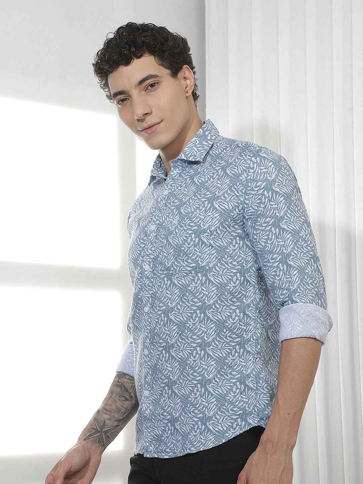 Blue Botanical Print 100% Cotton Shirt