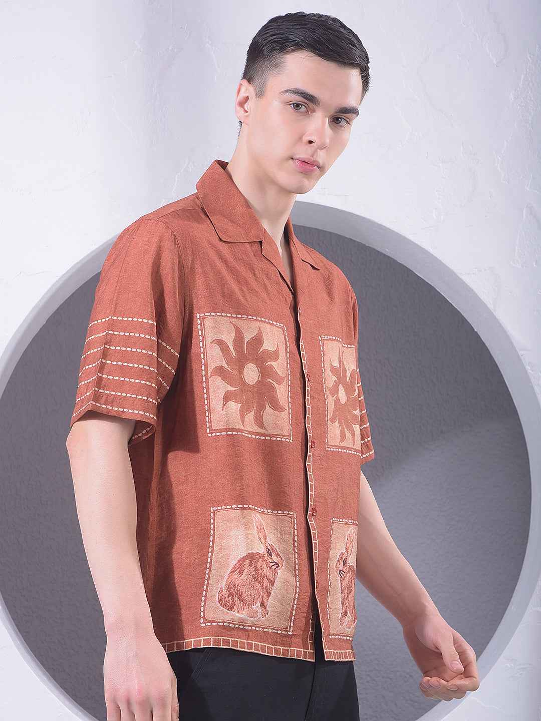 Maroon Printed Resort-Collar Shirt