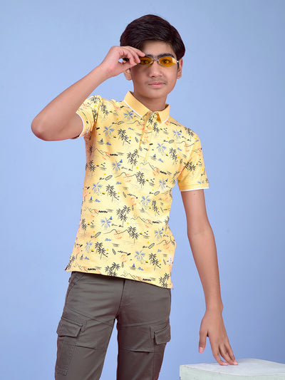 Yellow Floral Print Polo Neck T-Shirt