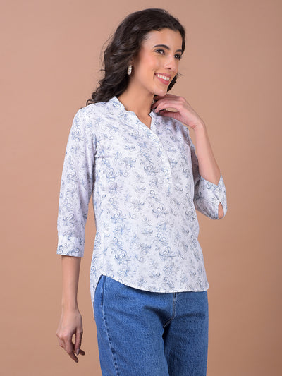 White Floral Print V-Neck Linen Top