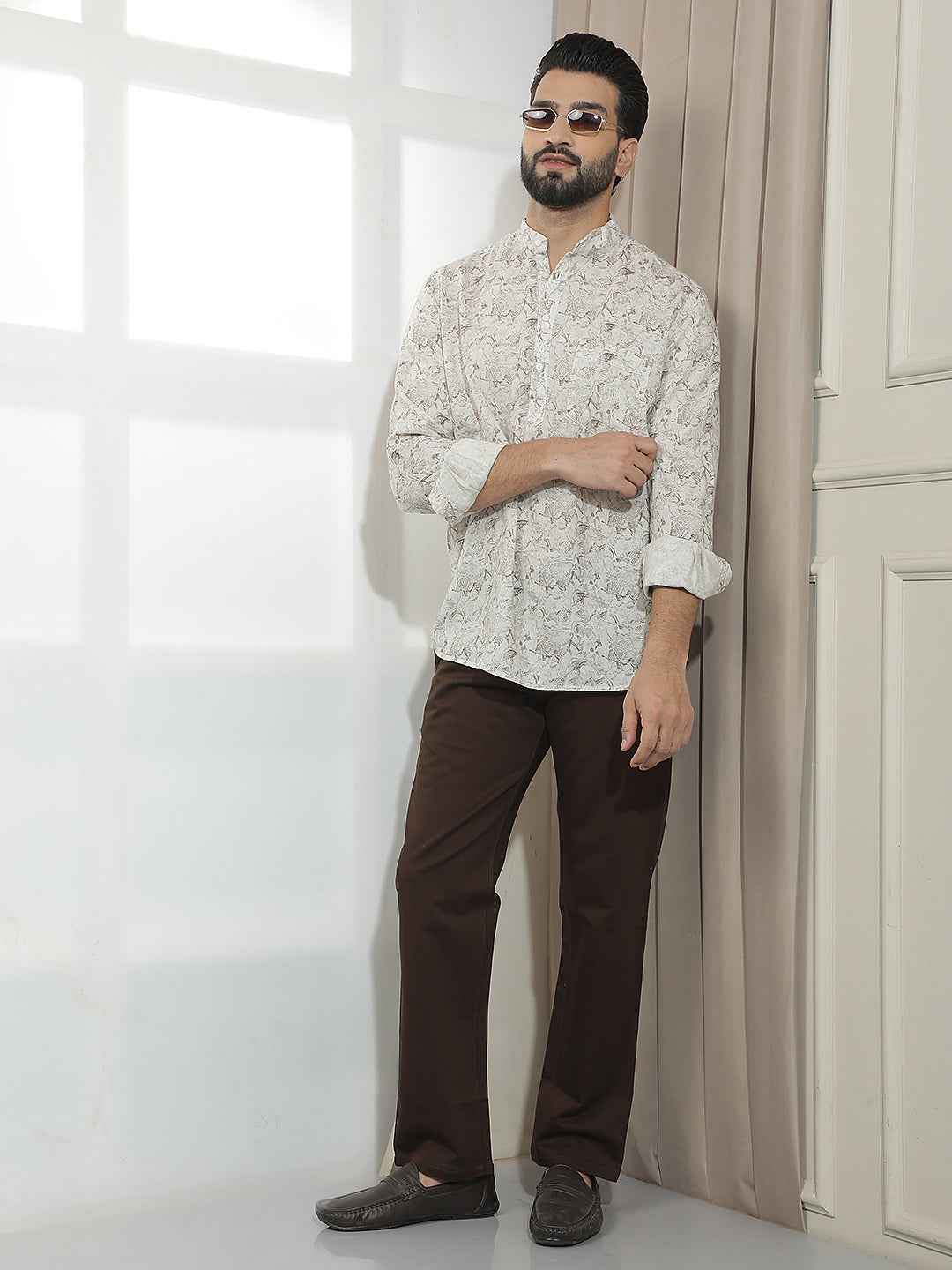 Beige Floral Print Linen Kurta