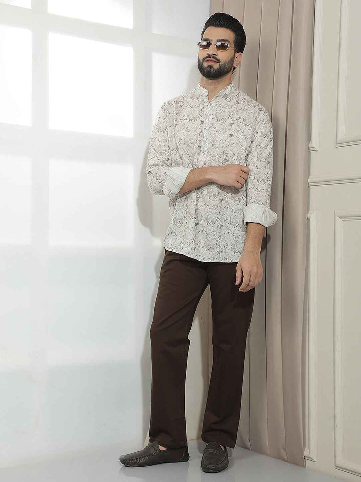 Beige Floral Print Linen Kurta