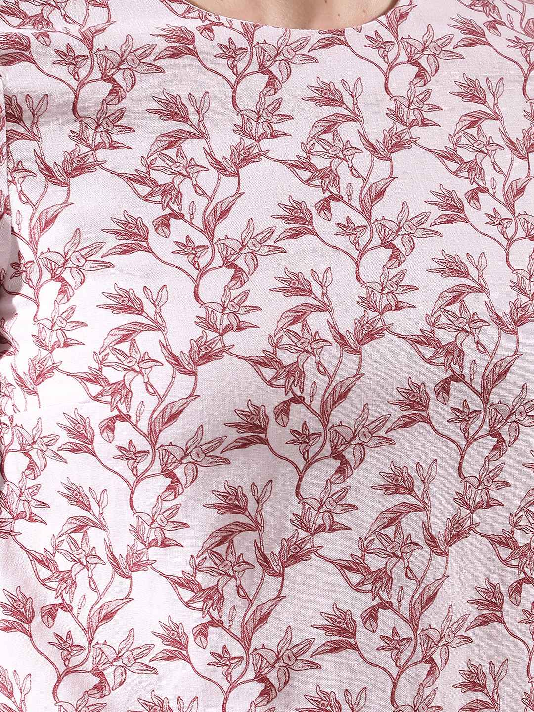 Pink Linen Round Neck Floral Printed Top