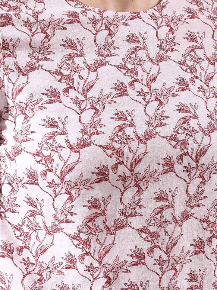 Pink Linen Round Neck Floral Printed Top