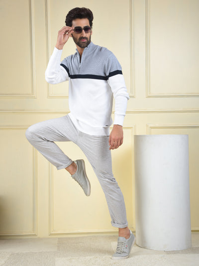 Grey Color-Block 100% Cotton Knitted Sweater