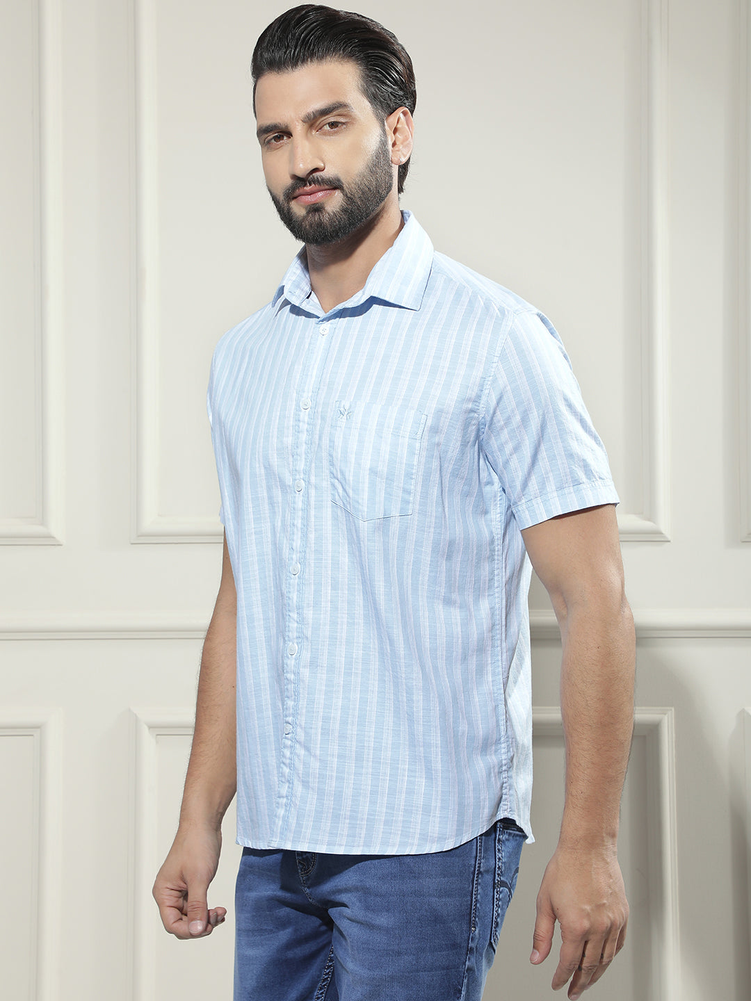 Blue Vertical Striped 100% Cotton Shirt