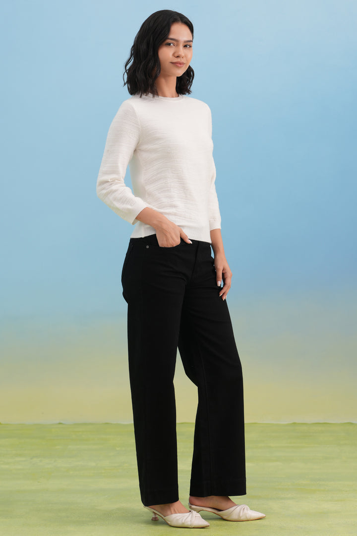 White Minimal Jacquard Knit Sweater