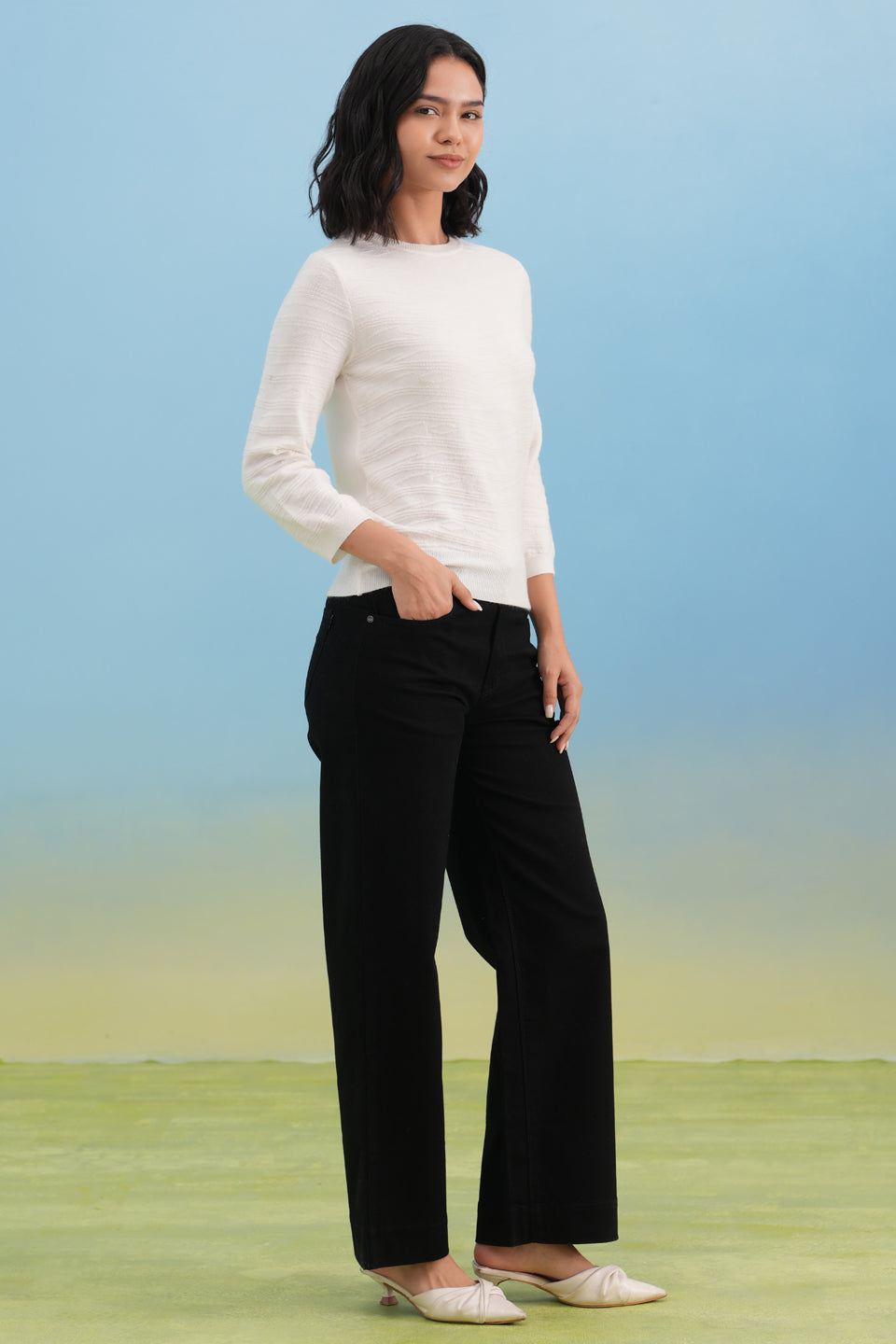 White Minimal Jacquard Knit Sweater