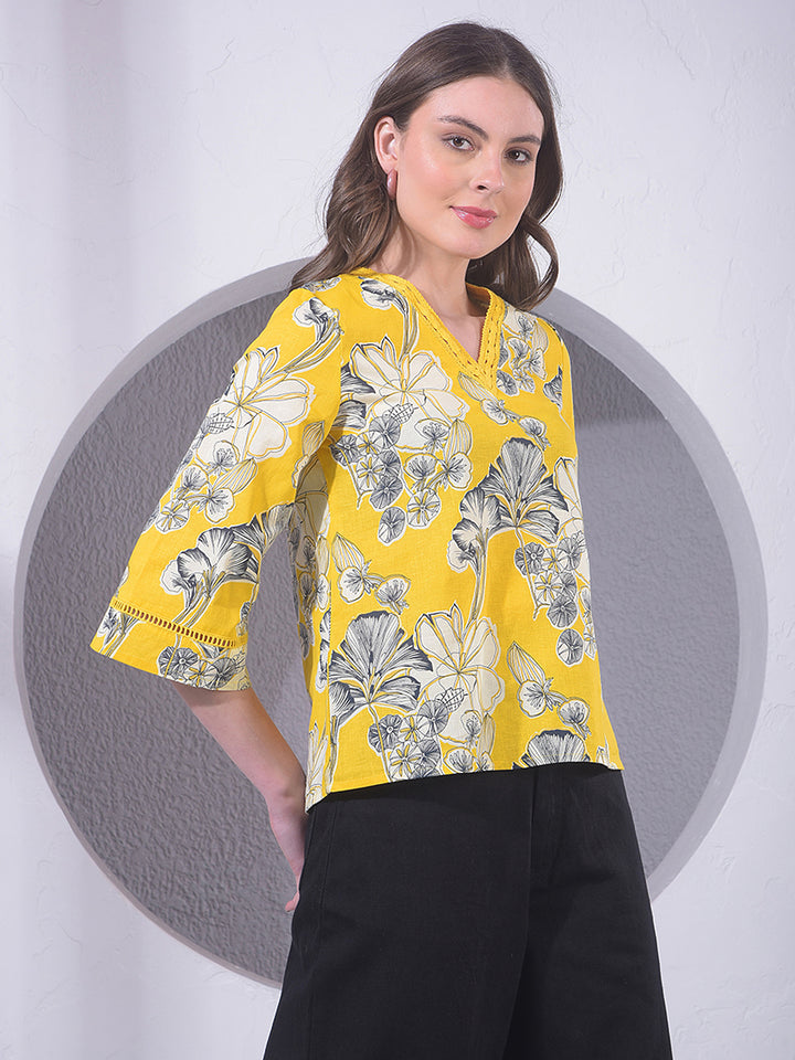 Mustard Floral Print V-Neck Top