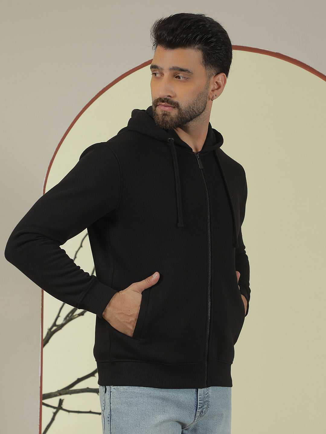 Black Hooded Neck Front Open Sweatshirt