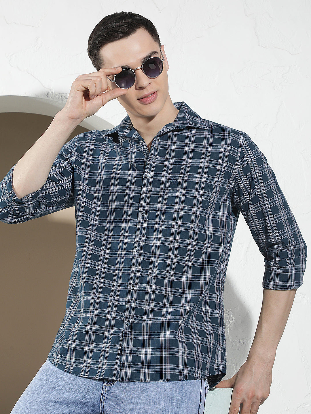 Teal Blue 100% Cotton Checked Shirt