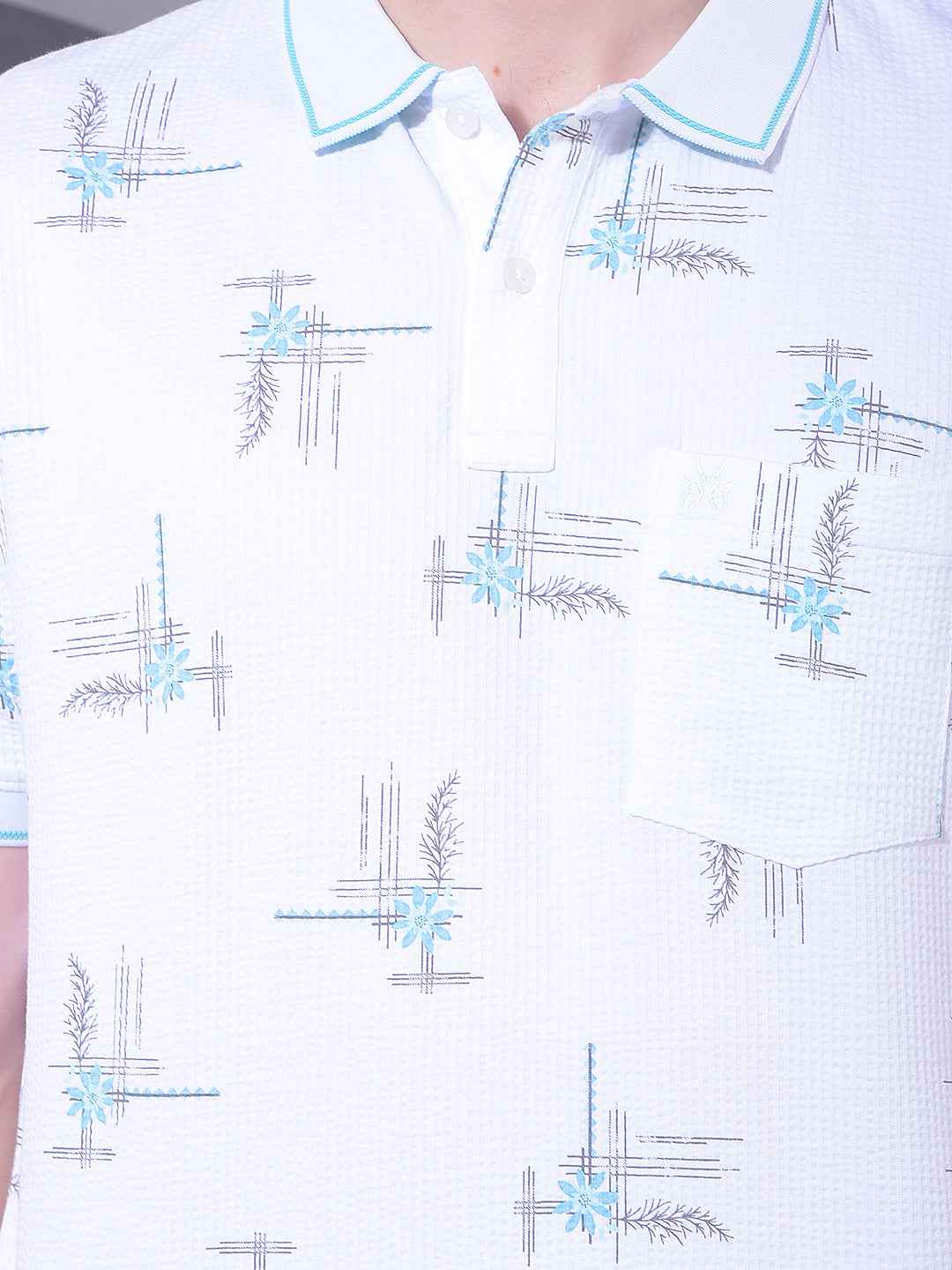 White Floral Print Polo Neck T-Shirt