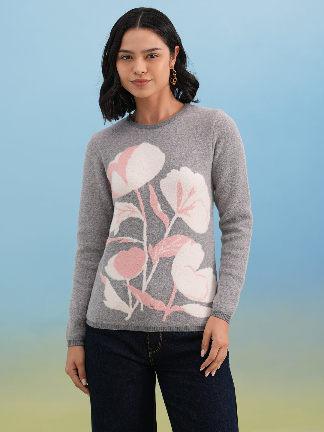 Soft Grey Botanical Pattern Sweater