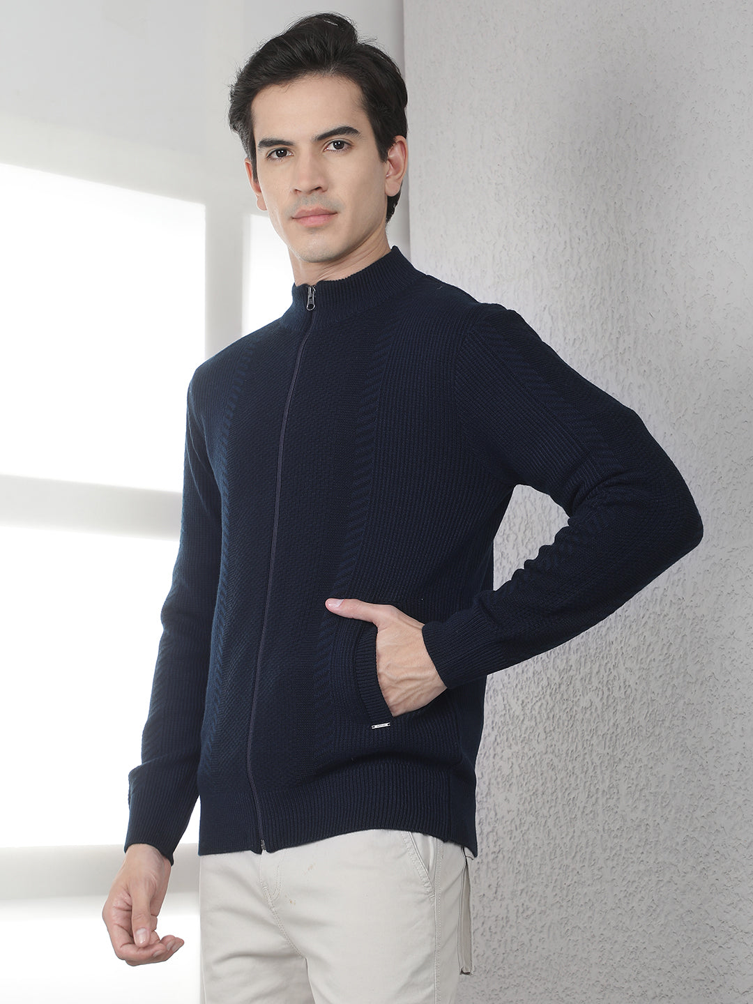 Navy Blue Jacquard Knitted Cardigan