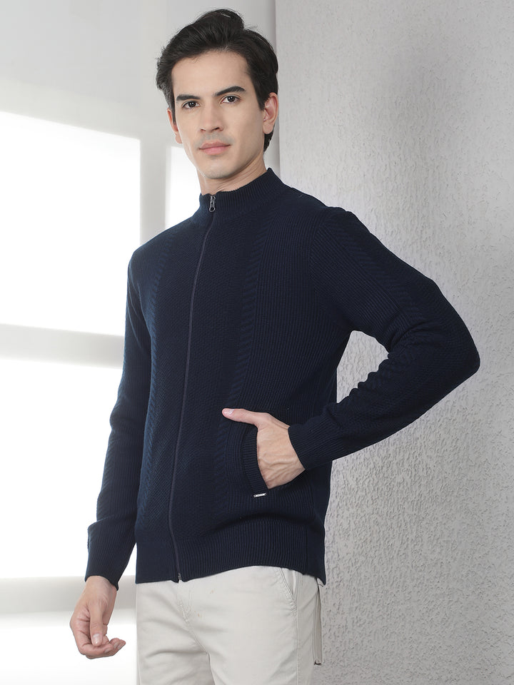 Navy Blue Jacquard Knitted Cardigan