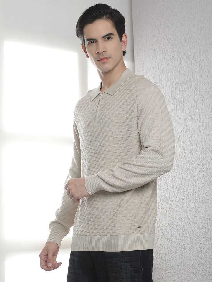 Beige 100% Cotton Knitted Polo Neck Sweater
