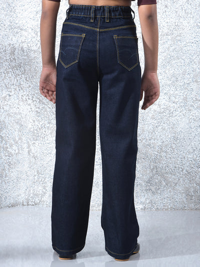 Blue Fashionable Wide-Leg Denim Cargo Jeans-Girls Jeans-Crimsoune Club