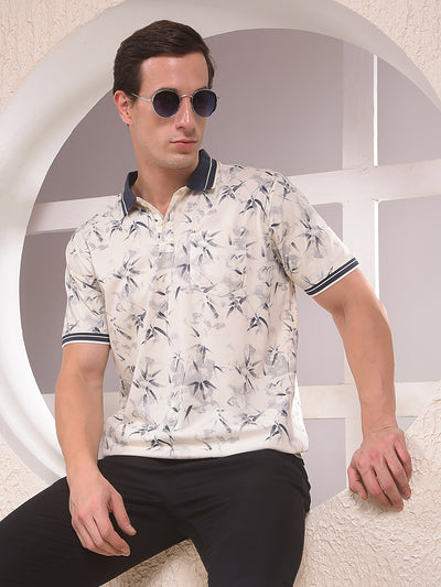 Navy Blue Floral Print Polo Neck T-Shirt