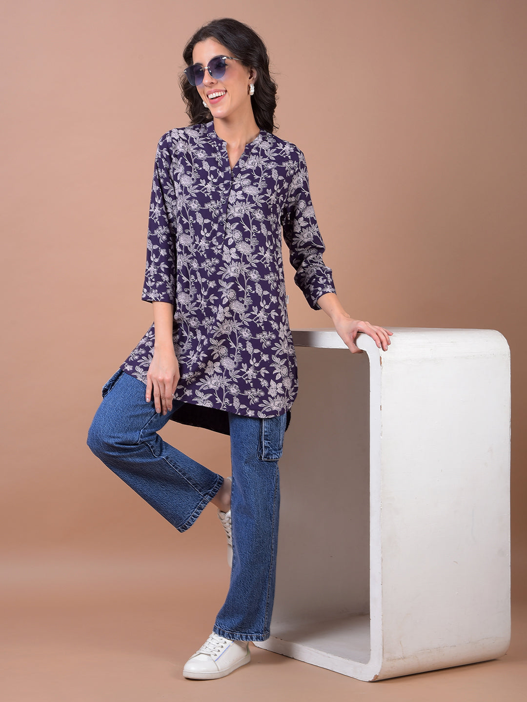 Purple Floral Print V-Neck Top