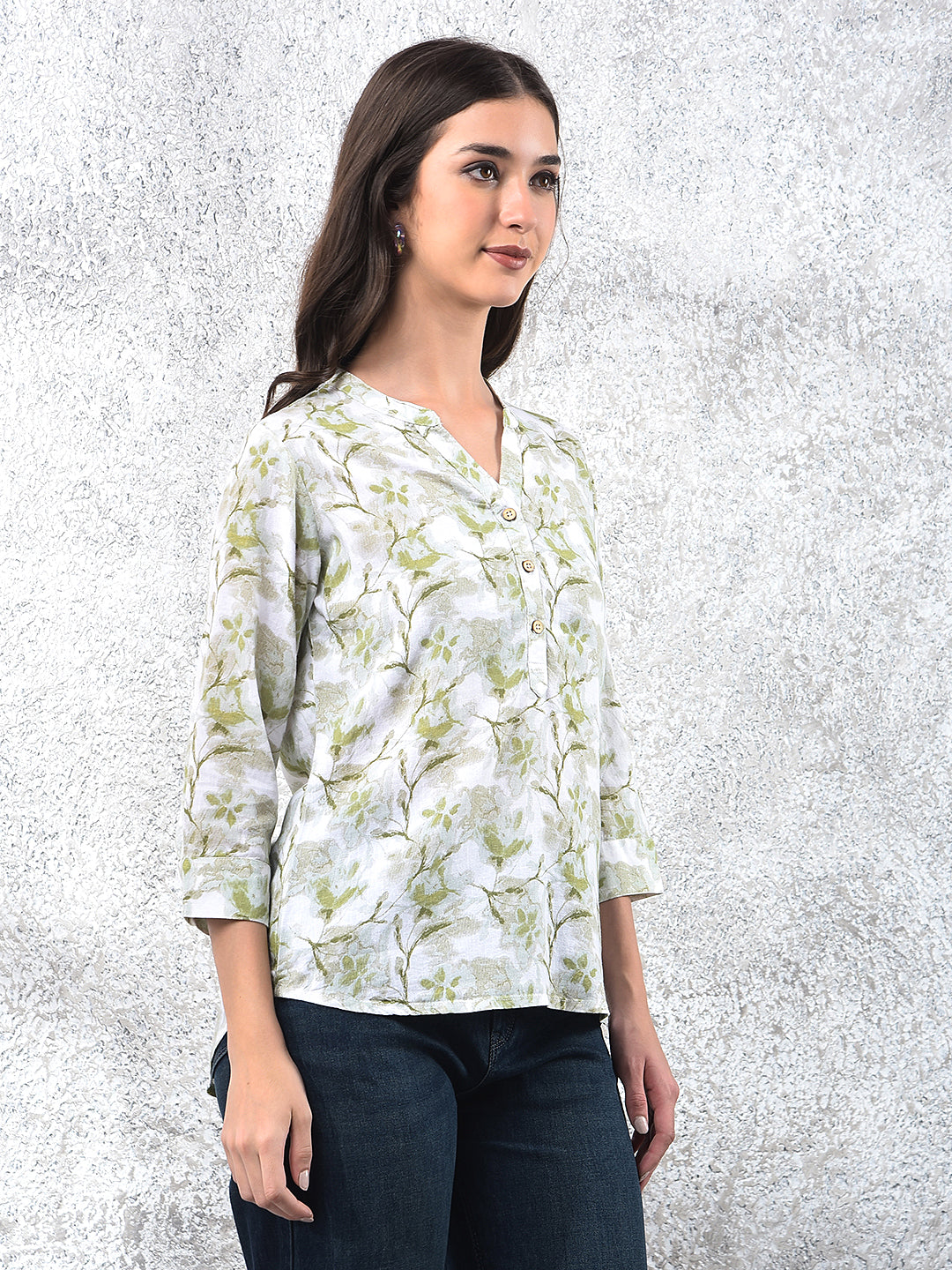Green Floral Print V-Neck Linen Top