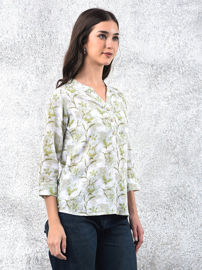 Green Floral Print V-Neck Linen Top