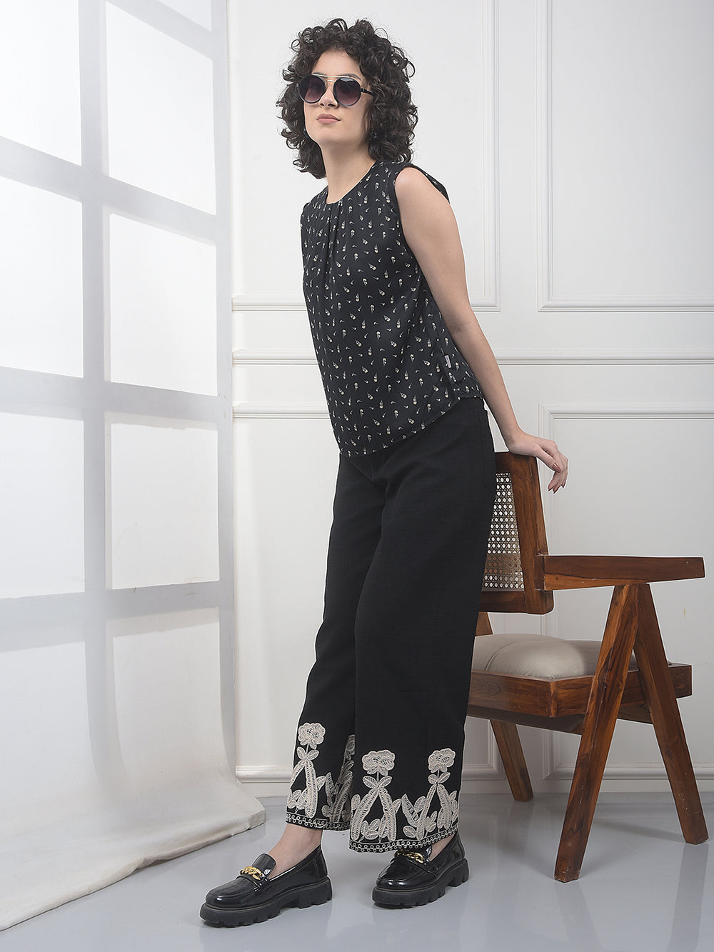 Black Embroidered Wide Leg Casual Trousers