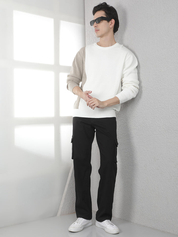 Beige Colorblocked Round Neck Sweater