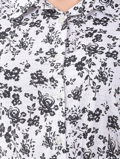 White Floral Print Mini Shirt Dress with Belt-Women Dress-Crimsoune Club