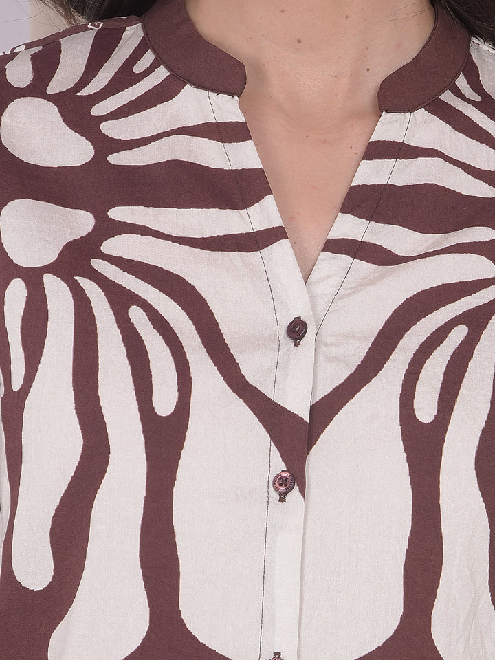 Brown Printed V-Neck Shirt