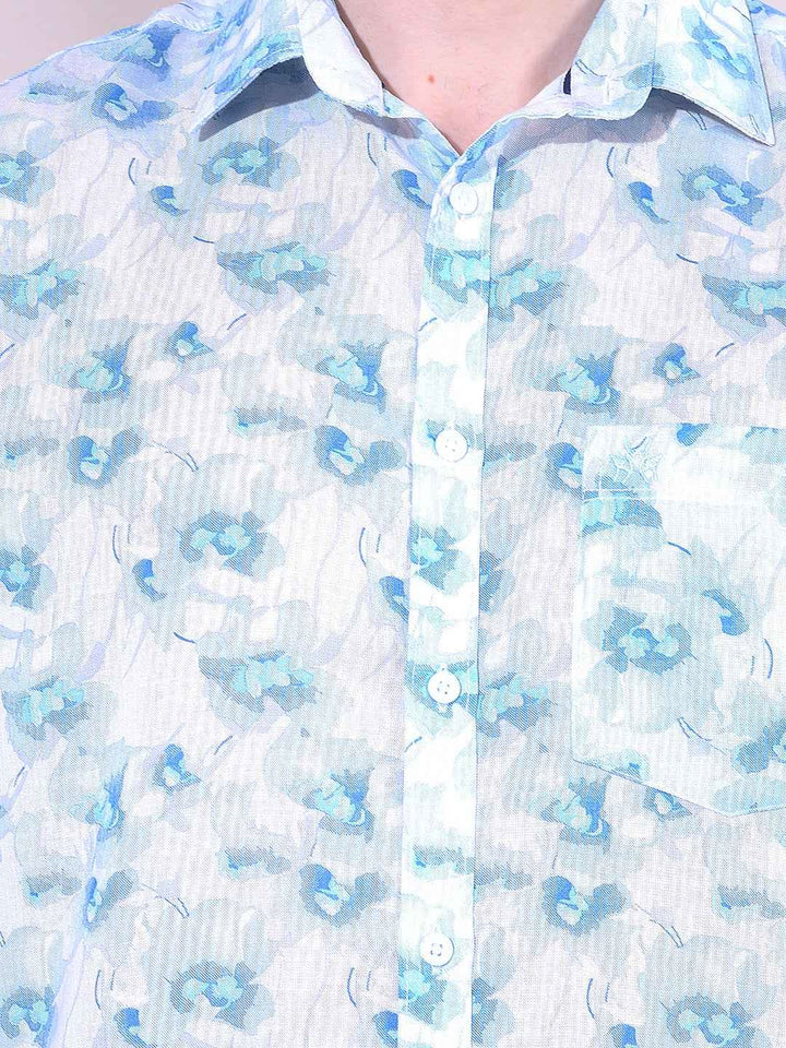 Blue Linen Floral Print Shirt