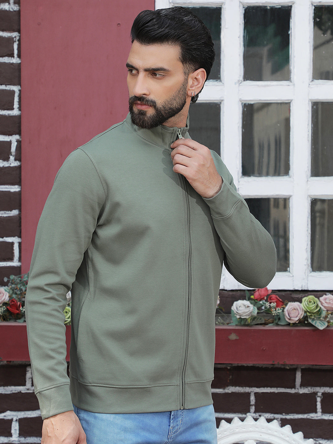Olive Front Open Sweatshirt