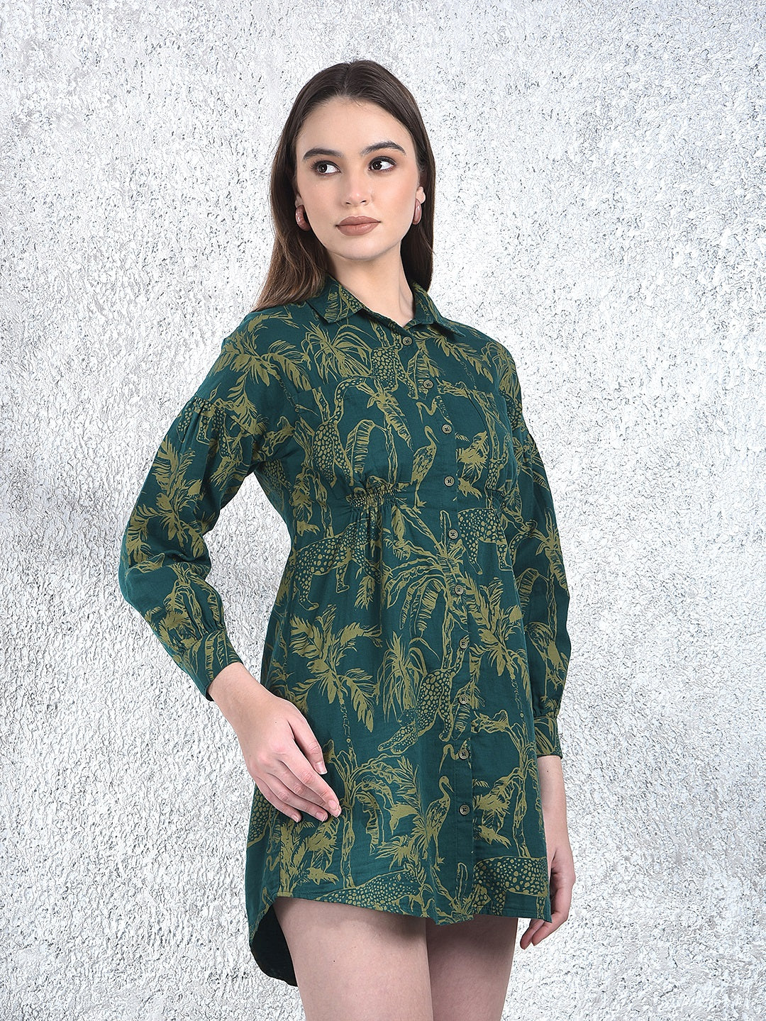 Green Floral Print 100% Cotton Mini Shirt-Dress