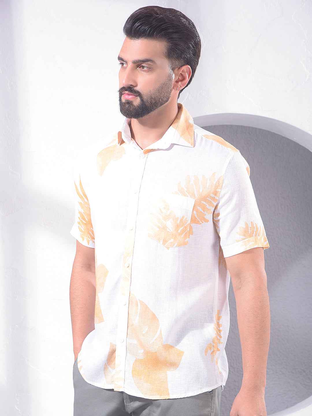 Yellow Floral Print Linen Shirt