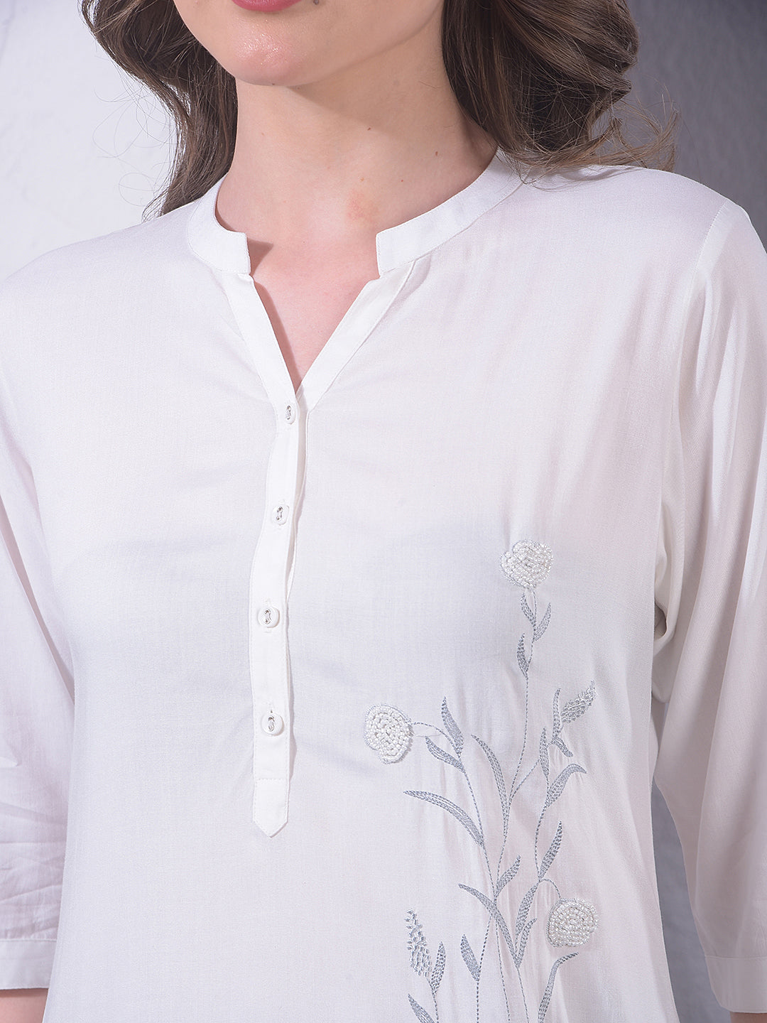 White Embroidered Mid-Thigh Length V-Neck Top
