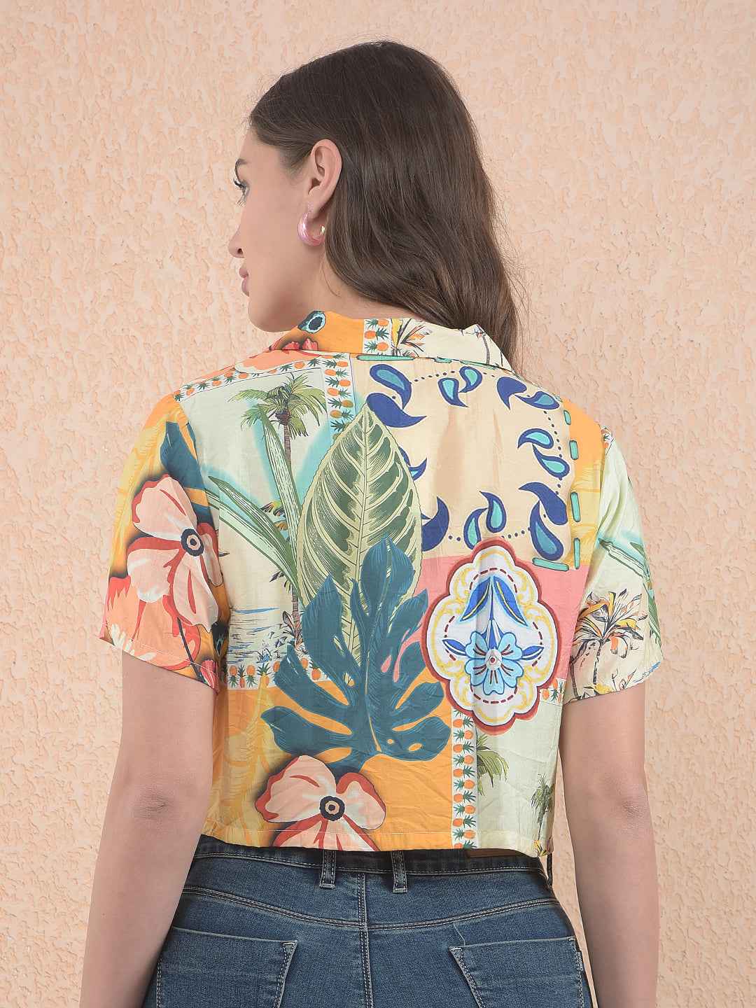 Orange Floral Print Resort-Collar Shirt