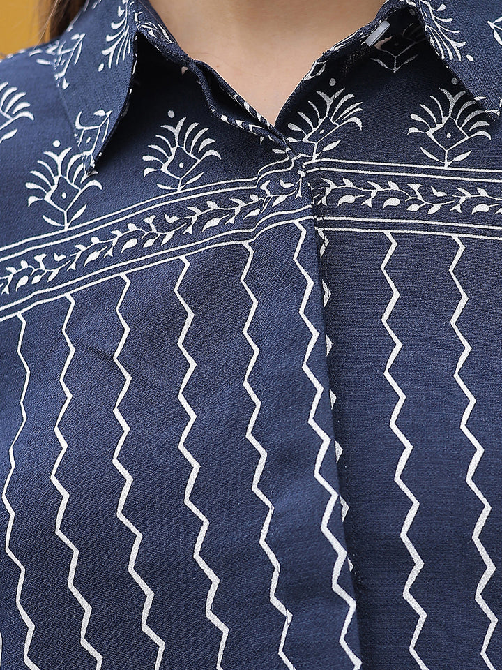 Navy Blue Motifs Print Shirt